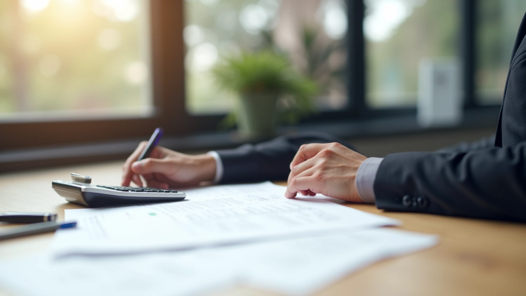 Person reviewing documents at desk with calculator and pen in an office