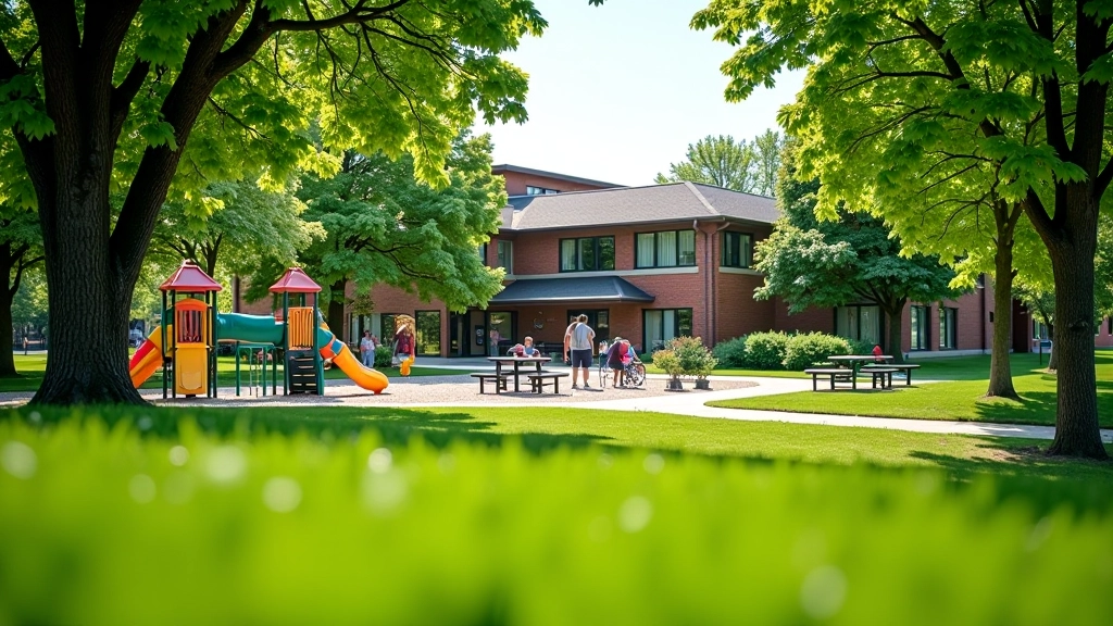 Community center with playground equipment and green grass outdoor recreation area
