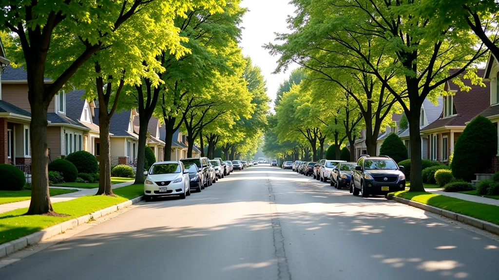 Residential street with single family homes and mature trees during daytime